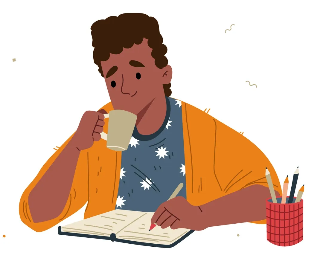 Student working through a homework notebook with a cup of coffee